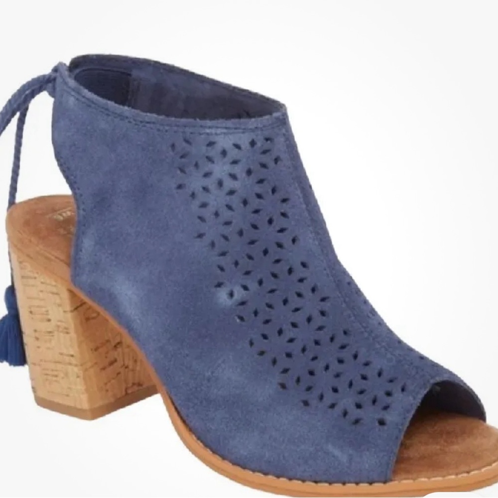 Toms Elba Boots Women’s Size 7.5 Peep Toe Perforated Ankle Blue Bootie Suede - Picture 2 of 11